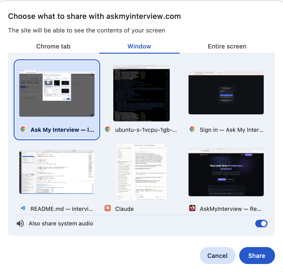 Example of the browser's share-a-tab prompt